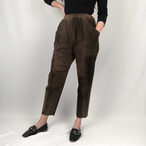 Stunning Vintage High Waisted Suede Leather Pleated Straight Leg Trouser Pants - Picture 1 of 7